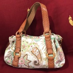 Fossil Beaded Canvas Shoulder Bag w/ Leather Straps EUC